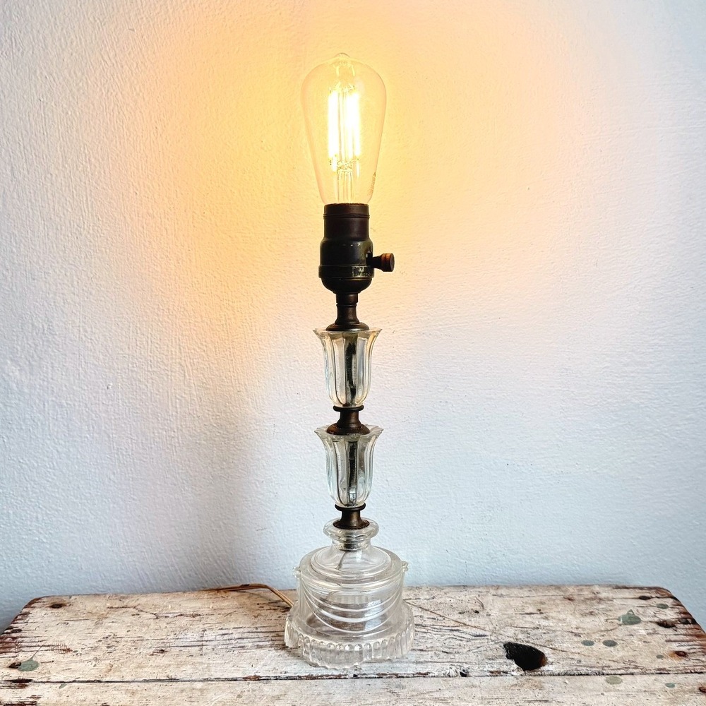 Vintage Pressed Glass Boudoir Table Lamp Stacked Faceted Clear Glass Brass CSGD